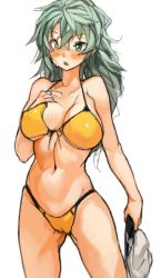 Rule 34 | 10s, 1girl, bikini, blush, breasts, cameltoe, cleavage, collarbone, covered erect nipples, cowboy shot, female focus, green eyes, green hair, hand on own chest, hat, unworn hat, unworn headwear, heterochromia, holding, holding clothes, holding hat, kantai collection, kiso (kancolle), large breasts, long hair, matching hair/eyes, navel, no eyepatch, open mouth, sachito, sailor hat, scar, scar across eye, scar on face, simple background, slit pupils, solo, swimsuit, white background, yellow bikini, yellow eyes