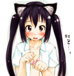 Rule 34 | 00s, 1girl, animal ears, black hair, blush, bra, brown eyes, cat ears, cat girl, female focus, hamao, k-on!, long hair, looking at viewer, nakano azusa, open clothes, open mouth, open shirt, orange eyes, paw pose, pink bra, shirt, shy, sidelocks, solo, twintails, underwear, upper body