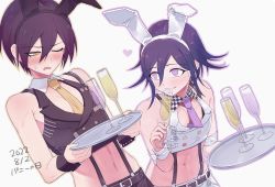 Rule 34 | 2boys, alternate costume, animal ears, bare shoulders, belt, black belt, black hair, blush, brown eyes, checkered clothes, crop top, cup, danganronpa (series), danganronpa v3: killing harmony, fake animal ears, grin, hand up, highres, holding, holding cup, holding tray, looking at another, male focus, mokemokeeeee, multiple boys, navel, necktie, oma kokichi, one eye closed, orange necktie, pink eyes, purple hair, rabbit ears, saihara shuichi, shirt, smile, stomach, striped clothes, striped shirt, suspenders, teeth, tray, wrist cuffs