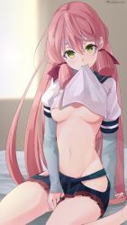 Rule 34 | 10s, 1girl, absurdres, akashi (kancolle), arm support, bare legs, between legs, blush, breasts, clothes lift, colored eyelashes, green eyes, groin, hair between eyes, hair ribbon, hand between legs, head tilt, headband, highres, indoors, kantai collection, layered sleeves, lifted by self, long hair, long sleeves, looking at viewer, miniskirt, mouth hold, navel, on bed, pink hair, pleated skirt, puffy short sleeves, puffy sleeves, ribbon, school uniform, serafuku, shade, shirousa, shirt lift, short over long sleeves, short sleeves, sitting, skirt, smile, solo, stomach, tress ribbon, turtleneck, twitter username, underboob, very long hair, wariza