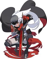 Rule 34 | 1girl, arm up, artist request, belt, black cape, black footwear, blood, blood on face, boots, cape, closed mouth, female focus, full body, ghost, gloves, grey hat, grey jacket, hair over one eye, hand up, hat, high heels, highres, holding, holding sword, holding weapon, jacket, long hair, long sleeves, military, military uniform, non-web source, official art, pants, peaked cap, planted, red eyes, red gloves, sheath, sidelocks, simple background, solo, spread legs, squatting, sword, tabard, thigh boots, thighhighs, transparent, transparent background, trine (world flipper), two-handed, two-sided cape, two-sided fabric, uniform, weapon, white hair, white pants, world flipper