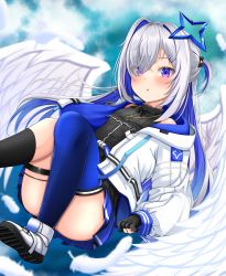 Rule 34 | 1girl, :o, absurdres, amane kanata, amane kanata (work), angel wings, asymmetrical legwear, belt, black dress, black gloves, black socks, blue belt, blue hair, blue thighhighs, blush, colored inner hair, commentary request, dress, feathered wings, feathers, flying, gloves, gradient dress, grey hair, hachi7515, hair intakes, hair ornament, hair over one eye, hairclip, halo, highres, hololive, jacket, jewelry, kneehighs, knees up, long hair, long sleeves, looking at viewer, mismatched legwear, multicolored hair, necklace, official alternate costume, official alternate hair length, official alternate hairstyle, parted lips, partially fingerless gloves, pleated dress, puffy long sleeves, puffy sleeves, purple eyes, shoes, short dress, single kneehigh, single sock, single thighhigh, sleeveless, sleeveless dress, sneakers, socks, solo, star (symbol), star halo, star necklace, surprised, thigh strap, thighhighs, two side up, uneven legwear, virtual youtuber, white footwear, white jacket, white wings, wings