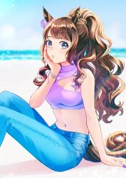 Rule 34 | 1girl, :o, absurdres, animal ears, arm support, bare shoulders, blue eyes, blurry, blurry background, bracelet, brown hair, crop top, denim, ear piercing, feet out of frame, hand on own cheek, hand on own face, hand up, highres, horse ears, horse girl, horse tail, jeans, jewelry, knees up, lips, long hair, looking at viewer, midriff, nail polish, navel, nayuta ggg, outdoors, pants, piercing, ponytail, purple nails, purple shirt, shirt, sitting, solo, sparkle, tail, tosen jordan (umamusume), umamusume