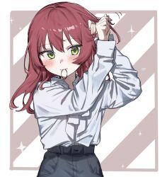 Rule 34 | 1girl, black pants, blush, bocchi the rock!, closed mouth, collared shirt, green eyes, hair between eyes, hair ornament, hair tie in mouth, highres, kita ikuyo, long hair, long sleeves, mosa 1120, mouth hold, one side up, pants, pink hair, red hair, shirt, solo, sparkle, standing, tying hair, upper body, white shirt