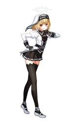 Rule 34 | 1girl, absurdres, alternate hair color, ankle ribbon, ascot, belt, black ascot, black belt, black gloves, black shirt, black skirt, black thighhighs, blonde hair, breasts, bright pupils, closers, coif, collared shirt, spiked halo, full body, gloves, grin, habit, halo, hand on own chin, hand on own hip, highres, jacket, juliet sleeves, leaning forward, leg ribbon, long sleeves, looking at viewer, looking to the side, mary janes, miniskirt, nun, official art, pleated skirt, puffy sleeves, red eyes, ribbon, seth (closers), shirt, shoes, short hair, skirt, small breasts, smile, solo, stroking own chin, tachi-e, teeth, thighhighs, v-shaped eyebrows, walking, white background, white footwear, white halo, white headwear, white jacket, white pupils, white ribbon, wing collar, zettai ryouiki
