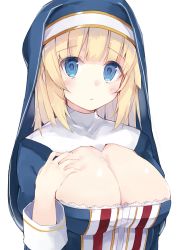 Rule 34 | 1girl, absurdres, blonde hair, blue eyes, blush, breasts, cleavage, cleavage cutout, clothing cutout, female focus, habit, highres, kou mashiro, large breasts, long hair, looking at viewer, nun, original, simple background, solo, upper body, veil, white background