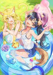 Rule 34 | 2girls, ahoge, animal ears, antenna hair, arms up, ball, bare shoulders, barefoot, beachball, bikini, bikini under clothes, black hair, blonde hair, blue bikini, blue eyes, blue shorts, blush, breasts, cat ears, cat tail, cleavage, collarbone, commentary, day, dog ears, dog tail, dot nose, fake animal ears, fake tail, from above, ganaha hibiki, grass, green bikini, green eyes, hair bobbles, hair ornament, holding, hoshii miki, idolmaster, idolmaster (classic), idolmaster million live!, idolmaster million live! theater days, inflatable dolphin, inflatable duck, inflatable octopus, inflatable toy, inzup, large breasts, leaning forward, long hair, looking at another, looking at viewer, looking up, medium breasts, multiple girls, one eye closed, open mouth, outdoors, ponytail, shirt, shorts, sideboob, sitting, sleeveless, sleeveless shirt, smile, striped bikini, striped clothes, swimsuit, symbol-only commentary, tail, wading, wading pool, wariza, wet, wet clothes, white shirt