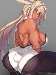 Rule 34 | 1girl, animal ears, ass, back, backless leotard, bare shoulders, black footwear, black pantyhose, blue eyes, blush, breasts, caenis (fate), covered erect nipples, dark-skinned female, dark skin, detached collar, fate/grand order, fate (series), hair intakes, high heels, highleg, highleg leotard, highres, kuronyan, large breasts, leotard, long hair, looking at viewer, looking back, low ponytail, muscular, muscular female, pantyhose, playboy bunny, ponytail, rabbit tail, shiny skin, solo, squatting, strapless, strapless leotard, tail, thighs, toned, white hair, white leotard