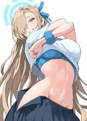 1girl absurdres asuna_(blue_archive) black_skirt blue_archive blue_bra blue_eyes blue_halo blue_nails blue_ribbon blue_scrunchie blush bra breasts commentary_request fingernails from_below hair_over_one_eye hair_ribbon halo haze_(ohw8g) highres large_breasts long_hair looking_at_viewer nail_polish ribbon scrunchie shirt simple_background skirt smile solo underwear undressing very_long_hair white_background white_shirt wrist_scrunchie zipper_skirt