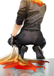 Rule 34 | 1boy, absurdres, ass, black footwear, black gloves, black pants, black shirt, black vest, blonde hair, cape, unworn cape, colored tips, contemporary, flame print, from behind, gloves, head out of frame, highres, holding, holding cape, holding clothes, kimetsu no yaiba, long hair, long sleeves, male focus, multicolored hair, pants, qiemo802, red hair, rengoku kyoujurou, shirt, shoe soles, shoes, simple background, sleeves rolled up, solo, squatting, streaked hair, tight clothes, tight pants, vest, white background, white cape