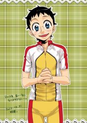 Rule 34 | 1boy, :d, bike jersey, bike shorts, black hair, blue eyes, blush, dated, glasses, highres, male focus, onoda sakamichi, open mouth, own hands clasped, own hands together, plaid, plaid background, short hair, simple background, smile, solo, thigh gap, wide-eyed, yowamushi pedal