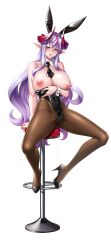 Rule 34 | 1girl, absurdres, alternate costume, black leotard, breasts, curvy, demon girl, detached collar, full body, high heels, highleg, highleg leotard, highres, horns, kagami hirotaka, large breasts, leotard, lilim (awoken), lilim (taimanin asagi battle arena), lilith-soft, long hair, multicolored hair, nail polish, naughty face, nipples, official alternate costume, official art, playboy bunny, pointy ears, rabbit ears, shiny clothes, shiny skin, smile, solo, taimanin (series), taimanin rpgx, tongue, tongue out, very long hair, white background, white hair, wide hips, yellow eyes