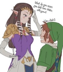 Rule 34 | 1boy, 1girl, absurdres, blonde hair, blush, breasts, brown hair, dress, earrings, gloves, green tunic, hanaberin, hat, height difference, highres, jewelry, link, long hair, medium breasts, nintendo, open mouth, pointy ears, pointy hat, princess zelda, sidelocks, sword, the legend of zelda, the legend of zelda: skyward sword, the legend of zelda: twilight princess, time paradox, tunic, weapon, weapon on back