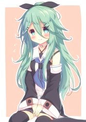Rule 34 | 10s, 1girl, aqua hair, bare shoulders, black dress, black ribbon, black thighhighs, blue eyes, blush, breasts, commentary request, detached sleeves, dress, embarrassed, flying sweatdrops, full body, hair between eyes, hair ornament, hairclip, kantai collection, kyado (amaterasu), long hair, looking at viewer, medium breasts, messy hair, pink background, ponytail, ribbon, sitting, solo, thighhighs, v arms, yamakaze (kancolle)