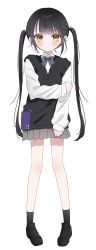 Rule 34 | 1girl, :&lt;, absurdres, black hair, blush, closed mouth, full body, highres, loafers, long hair, looking at viewer, original, school uniform, shoes, skirt, socks, solo, sweater, twintails, uu3cm, white background, yellow eyes
