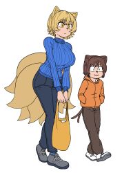 Rule 34 | 2girls, :3, absurdres, alternate costume, animal ears, bag, blonde hair, blue sweater, breasts, brown hair, brown pants, cat ears, cat tail, chanta (ayatakaoisii), chen, denim, flat chest, fox ears, fox tail, full body, hands in pockets, height difference, highres, holding, holding bag, hood, hoodie, large breasts, long sleeves, multiple girls, multiple tails, nekomata, no headwear, orange hoodie, pants, petite, ribbed sweater, shoelaces, short hair, simple background, slit pupils, sweater, tail, touhou, turtleneck, two tails, v arms, walking, white background, yakumo ran, yellow eyes