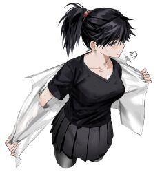 Rule 34 | 1girl, bad id, bad twitter id, black eyes, black hair, black pantyhose, black shirt, black skirt, blush, breasts, commentary request, cropped legs, genderswap, genderswap (mtf), go haejun, hair bobbles, hair ornament, highres, jacket, korean commentary, medium breasts, no home (manhwa), open mouth, original, pantyhose, pleated skirt, ponytail, puff of air, shirt, short sleeves, simple background, skirt, solo, sweat, thick eyebrows, upper body, white background, white jacket