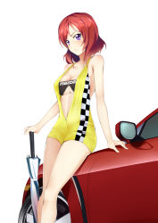 Rule 34 | 10s, 1girl, alternate costume, arm support, bare shoulders, breasts, car, cleavage, closed umbrella, leaning, looking at viewer, love live!, love live! school idol project, mazda, mazda rx-8, medium breasts, midriff, motor vehicle, nishikino maki, on vehicle, planted, planted umbrella, purple eyes, qiuzhi huiyi, race queen, red hair, short hair, sitting, solo, umbrella, umbrella stand, underboob, vehicle