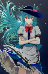 Rule 34 | 1girl, black hat, blue hair, blue skirt, closed mouth, collared shirt, crossed arms, floating hair, frilled skirt, frills, fruit hat ornament, gunbuster pose, hair between eyes, harapan-kun, hat, hat ornament, highres, hinanawi tenshi, long hair, looking at viewer, peach hat ornament, rainbow order, red eyes, shirt, short sleeves, skirt, smile, solo, straight-on, touhou, twitter username, white shirt