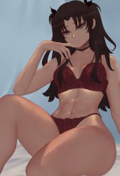 Rule 34 | 1girl, absurdres, bad id, bad pixiv id, black hair, blue background, blue eyes, bra, fate/stay night, fate/unlimited blade works, fate (series), highres, long hair, navel, panties, red bra, red panties, sitting, smile, thighs, tohsaka rin, twintails, underwear, zaki (zaki btw)