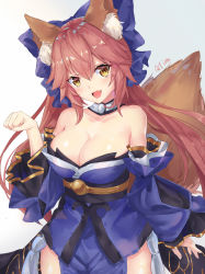 Rule 34 | 10s, 1girl, animal ear fluff, animal ears, bare shoulders, blue ribbon, blush, breasts, cleavage, collarbone, detached sleeves, fang, fate/extra, fate/grand order, fate (series), fox ears, fox girl, fox tail, hair ribbon, highres, japanese clothes, large breasts, looking at viewer, open mouth, paw pose, pink hair, qtian, ribbon, simple background, solo, tail, tamamo (fate), tamamo no mae (fate/extra), thighs, white background, yellow eyes