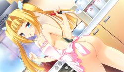 Rule 34 | 1girl, apron, ass, blonde hair, blue eyes, blush, breasts, casual nudity, cooking, game cg, kitchen, legs, long hair, looking at viewer, naked apron, prestar! precious star&#039;s festival: shokai seisan gentei, small breasts, smile, solo, standing, steam, thighs, twintails