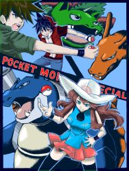 Rule 34 | 1girl, 2boys, baseball cap, black hair, blastoise, blue background, blue oak, brown hair, charizard, copyright name, creatures (company), game freak, gen 1 pokemon, green (pokemon), hat, holding, holding poke ball, long hair, multiple boys, nintendo, oira (tegaki), open mouth, poke ball, poke ball (basic), pokemon, pokemon (creature), pokemon adventures, red (pokemon), skirt, starter pokemon trio, tegaki, venusaur