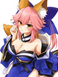Rule 34 | 1girl, animal ear fluff, animal ears, bare shoulders, bikini, blue bikini, blue kimono, blue ribbon, blush, breasts, cleavage, closed mouth, detached sleeves, fate/extra, fate/grand order, fate (series), fox ears, fox girl, fox tail, gomakyu, hair ribbon, highres, japanese clothes, kimono, large breasts, looking at viewer, looking up, pink hair, ribbon, simple background, solo, swimsuit, tail, tamamo (fate), tamamo no mae (fate/extra), white background, yellow eyes
