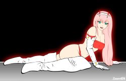 Rule 34 | 1girl, :d, animated, animated gif, arched back, arm support, artist name, ass shake, bandeau, bare shoulders, black background, boots, bouncing ass, bouncing breasts, bra, breasts, darling in the franxx, deviantart, green eyes, highres, jiggle, looking at viewer, open mouth, panties, red bra, red panties, smile, strapless, strapless bra, thigh boots, thighhighs, thong, underwear, white footwear, zero two (darling in the franxx), zonen404
