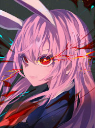 Rule 34 | 1girl, animal ears, blazer, rabbit ears, closed mouth, expressionless, glowing, glowing eyes, jacket, lips, long hair, purple hair, red eyes, red neckwear, reisen udongein inaba, simple background, solo, touhou, uni (bom19850101), upper body, very long hair