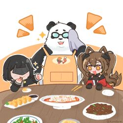 1boy 2girls angelina_(arknights) animal_ears apron arknights arknights:_endfield black_fur black_hair black_jacket brown_hair chibi chopsticks commentary da_pan_(arknights) eating endministrator_(arknights) english_commentary female_endministrator_(arknights) food fox_ears furry furry_male gilberta_(arknights) highres holding holding_chopsticks jacket looking_at_another looking_at_food multicolored_fur multiple_girls notice_lines open_mouth panda_boy panda_ears red_jacket rikathoma smile sparkle sparkling_eyes thumbs_up twintails twitter_username white_fur wiping_forehead