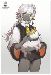Rule 34 | 1other, androgynous, animal, braid, closed mouth, colored skin, cropped legs, crown, earrings, green eyes, grey skin, happy birthday, highres, holding, holding animal, jewelry, long hair, looking at viewer, meinoss, mini crown, original, pointy ears, sheep, white hair