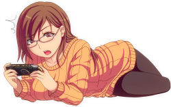 Rule 34 | 1girl, ^^^, bad id, bad pixiv id, black pantyhose, breasts, brown eyes, brown hair, glasses, handheld game console, kisaragi yakumo, large breasts, long hair, lying, open mouth, orange shirt, original, pantyhose, playing games, playstation portable, ribbed sweater, shirt, simple background, solo, sweater, white background