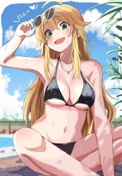 Rule 34 | 1girl, ahoge, bare shoulders, bikini, black bikini, blonde hair, blue sky, breasts, commentary request, day, unworn eyewear, green eyes, haruki (haruki678), highres, hoshii miki, idolmaster, idolmaster (classic), indian style, jewelry, large breasts, long hair, looking at viewer, navel, necklace, open mouth, outdoors, pool, sitting, sky, solo, sunglasses, swimsuit, translation request, wet