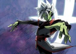 Rule 34 | 10s, 1boy, colored skin, dragon ball, dragon ball super, earrings, fused zamasu, green skin, jewelry, katori (katokichi), looking away, male focus, outstretched arms, pointy ears, ring, smile, solo, spiked hair, standing, white hair, zamasu