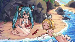 Rule 34 | 2girls, ^ ^, animal, animated, animated gif, aqua eyes, aqua hair, barefoot, beach, bikini, blonde hair, blush, blush stickers, bow, cave, christy frisby, closed eyes, cone hair bun, crab, feet, hair bow, hair bun, hair ornament, hairclip, hatsune miku, headset, holding, holding animal, inflatable dolphin, inflatable toy, kagamine rin, kneeling, leg up, long hair, lying, multiple girls, music, musical note, on stomach, one-piece swimsuit, palm tree, pixel art, plant, rainbow, rock, seashell, shell, shell hair ornament, short hair, singing, soles, sparkling eyes, striped bikini, striped clothes, striped one-piece swimsuit, swimsuit, toes, tree, twig, twintails, vines, vocaloid, water
