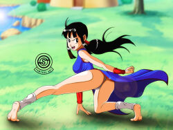 Rule 34 | 1girl, angry, barefoot, black hair, blue dress, chi-chi (dragon ball), clenched hand, dragon ball, dress, feet, fighting stance, grass, outdoors, panties, puyasawyer, soles, thighs, underwear, watermark