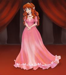 Rule 34 | 1girl, blue eyes, breasts, curtains, dress, elf, full body, indoors, jewelry, lipstick, long hair, looking at viewer, makeup, necklace, nintendo, pink dress, pointy ears, princess zelda, puffy sleeves, red hair, solo, standing, the legend of zelda, tiara, zelda ii: the adventure of link