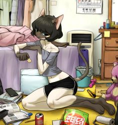 Rule 34 | 1girl, absurdres, animal ears, bag of chips, bed, bedroom, black hair, black shorts, blue eyes, brand name imitation, can, cat ears, cat girl, cat tail, cellphone, chips (food), dolphin shorts, eraser, female focus, food, furry, furry female, golaegun, grey skirt, highres, indoors, looking at viewer, messy room, midriff, navel, original, pencil, phone, potato chips, shorts, sitting, skirt, smartphone, smile, solo, stuffed animal, stuffed toy, tail, teddy bear, whiskers