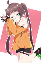 Rule 34 | 1girl, ahoge, bandaid, bandaid on face, bandaid on nose, bare shoulders, black footwear, black gloves, black shorts, blunt bangs, blush, brown hair, commentary request, fingerless gloves, gloves, hololive, ixy, long hair, long sleeves, looking at viewer, natsuiro matsuri, natsuiro matsuri (gaming casual), orange shirt, shirt, shoes, shorts, solo, standing, standing on one leg, twintails, two-tone background, virtual youtuber