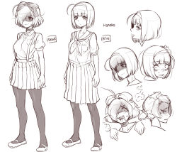 Rule 34 | 1girl, ahoge, bow, breasts, character name, character sheet, dual persona, english text, expressions, hair bow, hairband, hanako (naso4), large breasts, mary janes, monochrome, naso4, original, pantyhose, school uniform, shoes, short hair, smirk, solo, standing, suspenders, tongue, tongue out, traditional youkai
