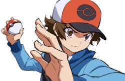 Rule 34 | 1boy, bag, baseball cap, blue jacket, blurry, brown eyes, brown hair, closed mouth, commentary, creatures (company), eyes visible through hair, game freak, hands up, hat, hilbert (pokemon), holding, holding poke ball, jacket, long sleeves, male focus, nintendo, perspective, poke ball, poke ball (basic), pokemon, pokemon bw, shoulder bag, solo, upper body, white background, yoko.u