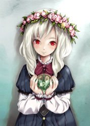 Rule 34 | 4bangai, albino, blue dress, blush, bubble, character request, collaboration, colorized, dress, flower hair ornament, flower wreath, head tilt, highres, holding, kiran (kiranpln), long hair, looking at viewer, neck ribbon, original, red eyes, red ribbon, ribbon, simple background, smile, standing, white hair, wreath