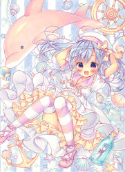 Rule 34 | 1girl, :d, ahoge, anchor, arms up, bad id, bad pixiv id, beret, blush, bottle, bow, commentary, dolphin, dress, fang, feet out of frame, floating hair, footwear bow, gem, hat, hat bow, knees together feet apart, knees up, long hair, looking at viewer, marker (medium), message in a bottle, open mouth, original, pearl (gemstone), petticoat, pink footwear, pink sailor collar, puffy short sleeves, puffy sleeves, purple eyes, puu (kari---ume), rope, sailor collar, sailor dress, seashell, shell, ship&#039;s wheel, shoes, short sleeves, sidelocks, silver hair, smile, solo, starfish, striped background, striped clothes, striped thighhighs, symbol-only commentary, thighhighs, traditional media, twintails, vertical stripes, white dress, white hat, yellow bow