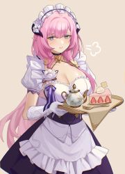 Rule 34 | 1girl, puff of air, absurdres, apron, beige background, blue eyes, breasts, cake, cake slice, cleavage, closed mouth, elysia (honkai impact), elysia (miss pink elf) (honkai impact), food, fork, gloves, highres, holding, holding tray, honkai (series), honkai impact 3rd, large breasts, long hair, looking at viewer, maid, maid apron, maid headdress, pink hair, pointy ears, simple background, solo, teapot, tray, tutou jiang, white gloves