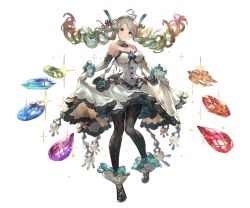 Rule 34 | 10s, 1girl, bare shoulders, breasts, de la fille, detached collar, dress, elbow gloves, frills, full body, gem, gloves, granblue fantasy, green hair, hair ornament, holding, holding clothes, holding dress, long hair, looking at viewer, medium breasts, minaba hideo, multicolored hair, official art, pantyhose, shoes, solo, sparkle, transparent background, twintails