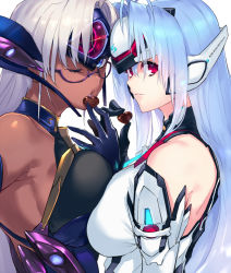 Rule 34 | 2girls, android, bare shoulders, blue eyes, blue hair, breasts, chocolate, cleavage, dark-skinned female, dark skin, elbow gloves, expressionless, forehead protector, from side, glasses, gloves, kos-mos, kos-mos re:, large breasts, long hair, looking at viewer, multiple girls, negresco, nintendo, one eye closed, red eyes, silver hair, t-elos, t-elos re:, valentine, very long hair, xenoblade chronicles (series), xenoblade chronicles 2, xenosaga, xenosaga episode iii