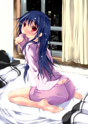 Rule 34 | 10s, 1girl, accel world, ass, barefoot, bed, blue hair, blush, butt crack, curtains, feet, highres, kuroyukihime, long hair, looking at viewer, mouth hold, pillow, red eyes, sitting, soles, solo, toes, wariza, wet, wet hair, window, yagami shuuichi