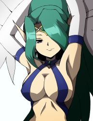 Rule 34 | 1girl, absurdres, armpits, arms behind head, breasts, cleavage, crown, duel monster, feathered wings, feathers, green hair, hair over one eye, halterneck, harpie queen, harpy, highres, kairi69jp, large breasts, long hair, looking at viewer, monster girl, pointy ears, ponytail, purple eyes, simple background, smile, solo, upper body, white background, winged arms, wings, yu-gi-oh!, yu-gi-oh! duel monsters