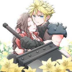 Rule 34 | 1boy, 1girl, aerith gainsborough, arm around back, armor, black gloves, blonde hair, blue eyes, blurry, blurry foreground, bodyguard, braid, braided ponytail, breasts, brown hair, buster sword, choker, closed eyes, cloud strife, dress, earrings, final fantasy, final fantasy vii, final fantasy vii remake, flower, flower choker, gamesuzume, gloves, grey shirt, hair between eyes, hair ribbon, holding, holding sword, holding weapon, jacket, jewelry, long hair, looking at viewer, parted bangs, parted lips, pink dress, pink ribbon, red jacket, ribbon, shirt, short hair, shoulder armor, sidelocks, single earring, sleeveless, sleeveless turtleneck, spiked hair, suspenders, sword, turtleneck, upper body, weapon, white background, yellow flower